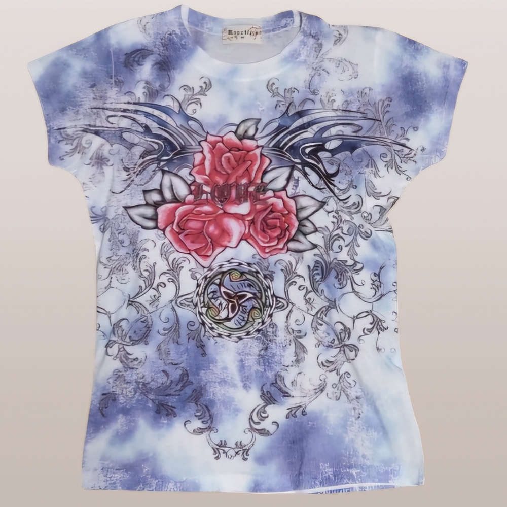 Reaction Grunge Baby Tee Shirt Womens Medium Fitted Rose Blue 2000s Vintage